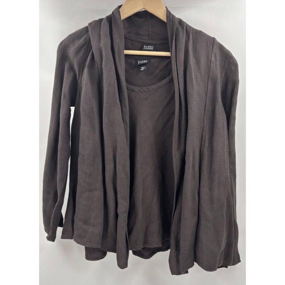 Eileen Fischer Women's S Linen Brown Tank Top Cardigan‎ Set